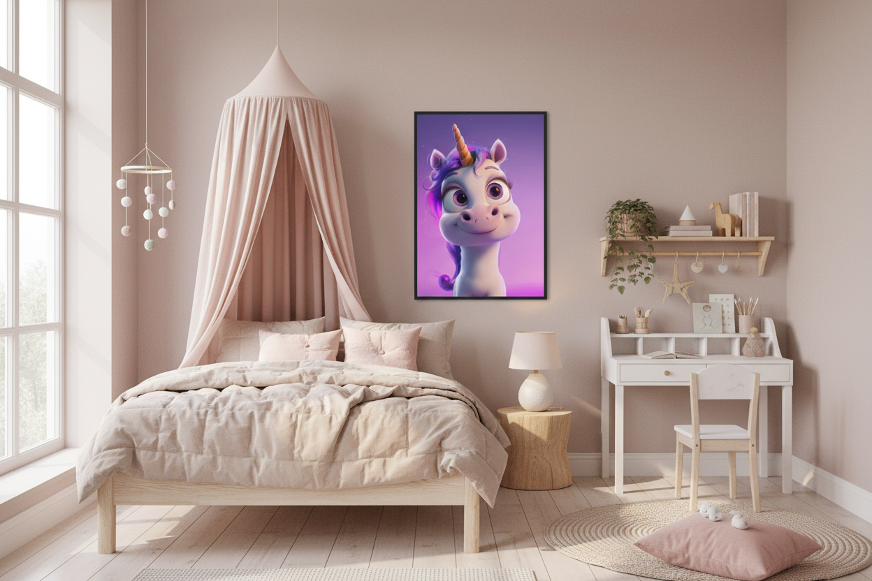 Nordisk pige børneværelse med enhjørning plakat