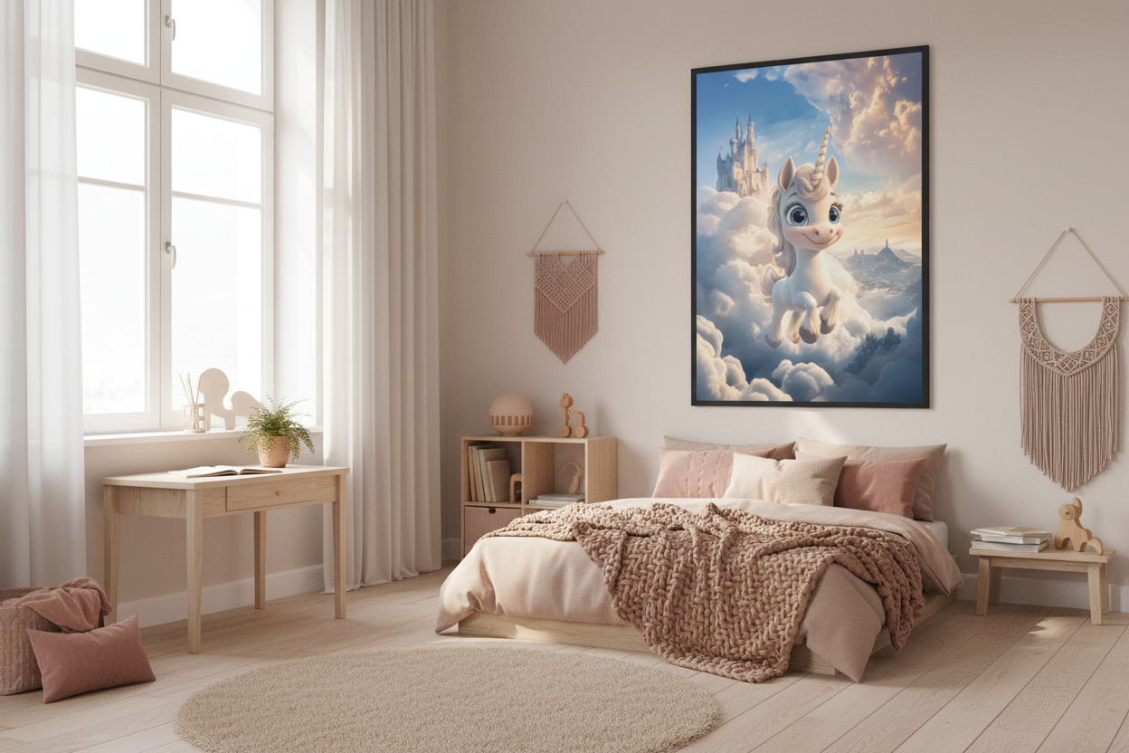 Nordisk pige børneværelse med enhjørning plakat