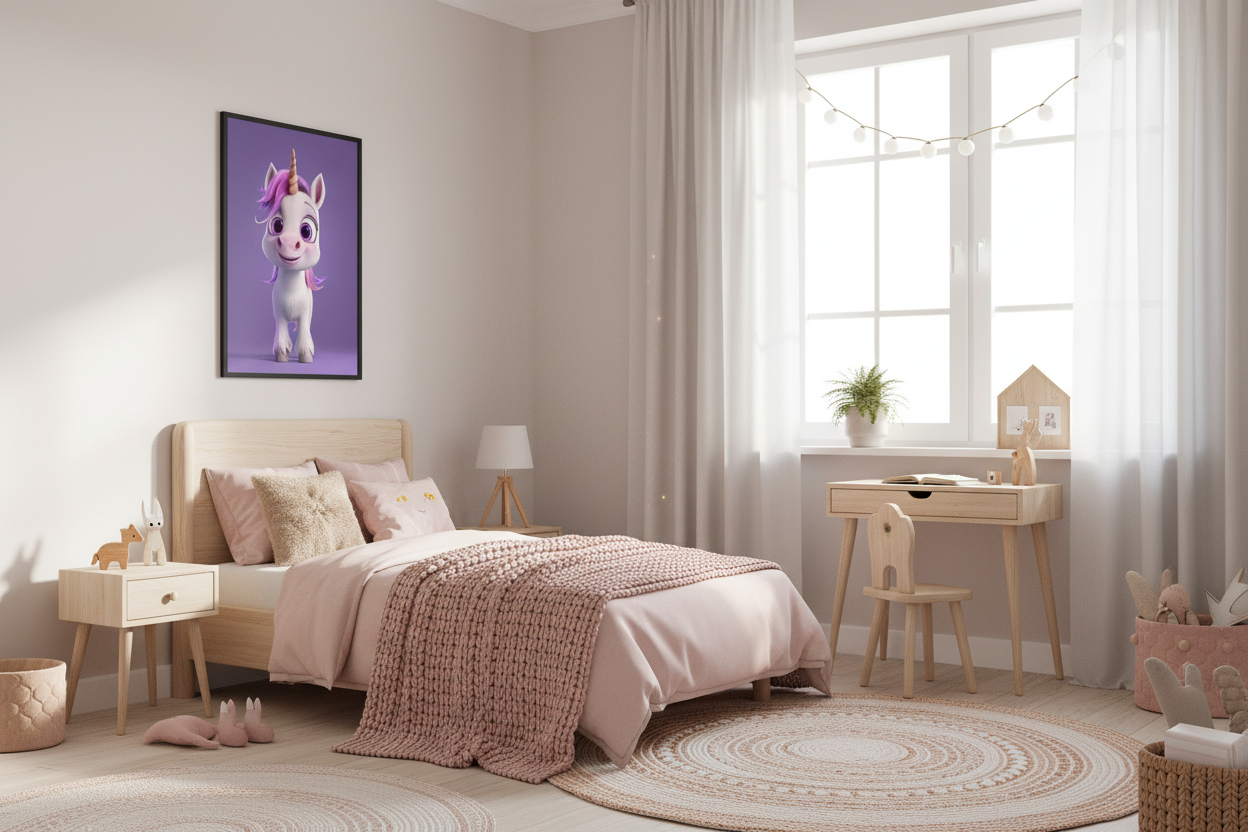 Nordisk pige børneværelse med enhjørning plakat