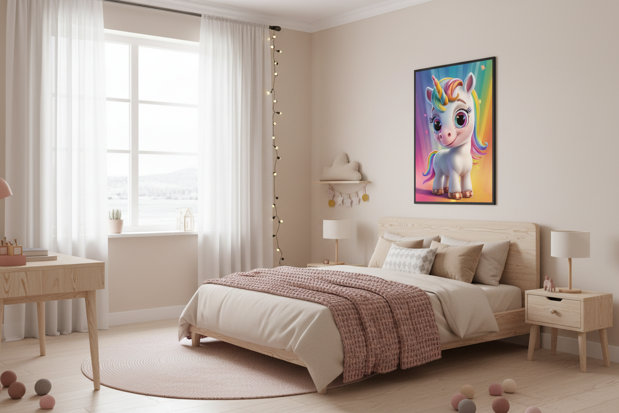 Nordisk pige børneværelse med enhjørning plakat