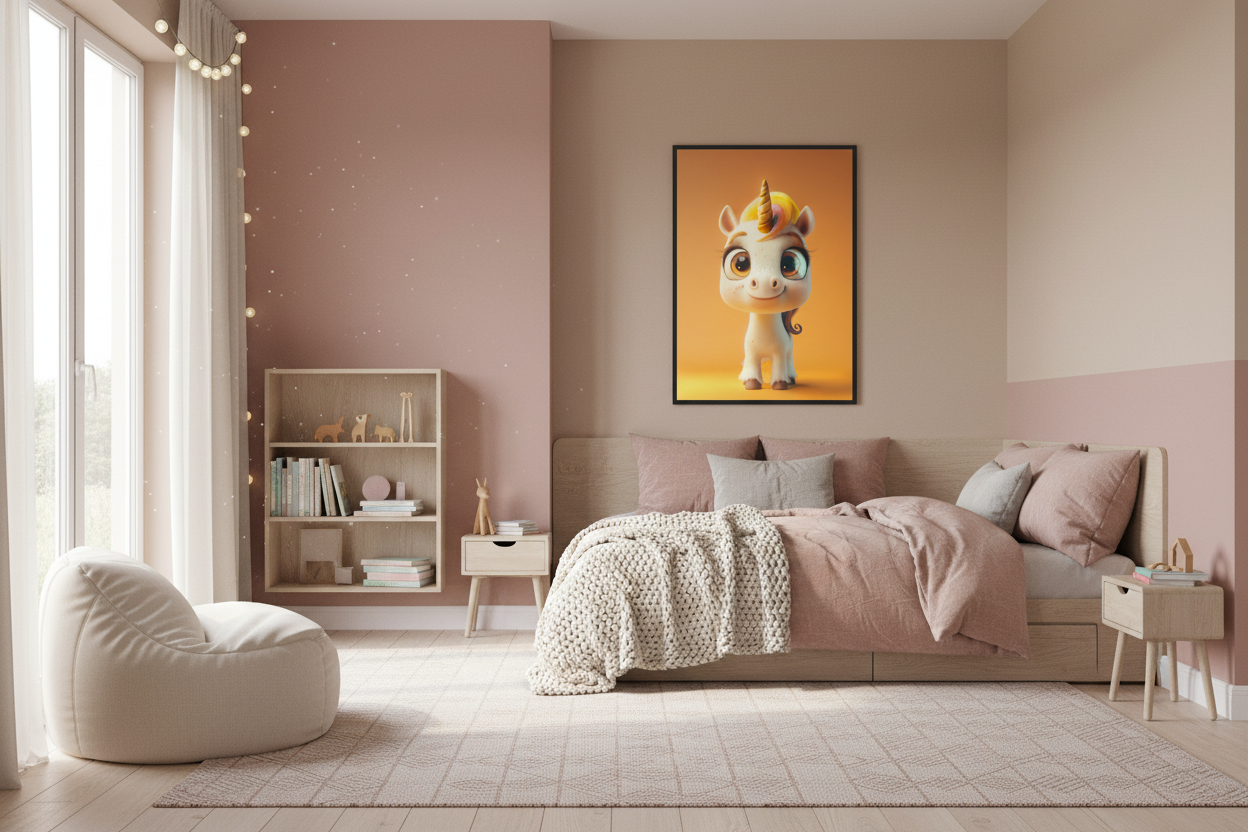 Nordisk pige børneværelse med enhjørning plakat