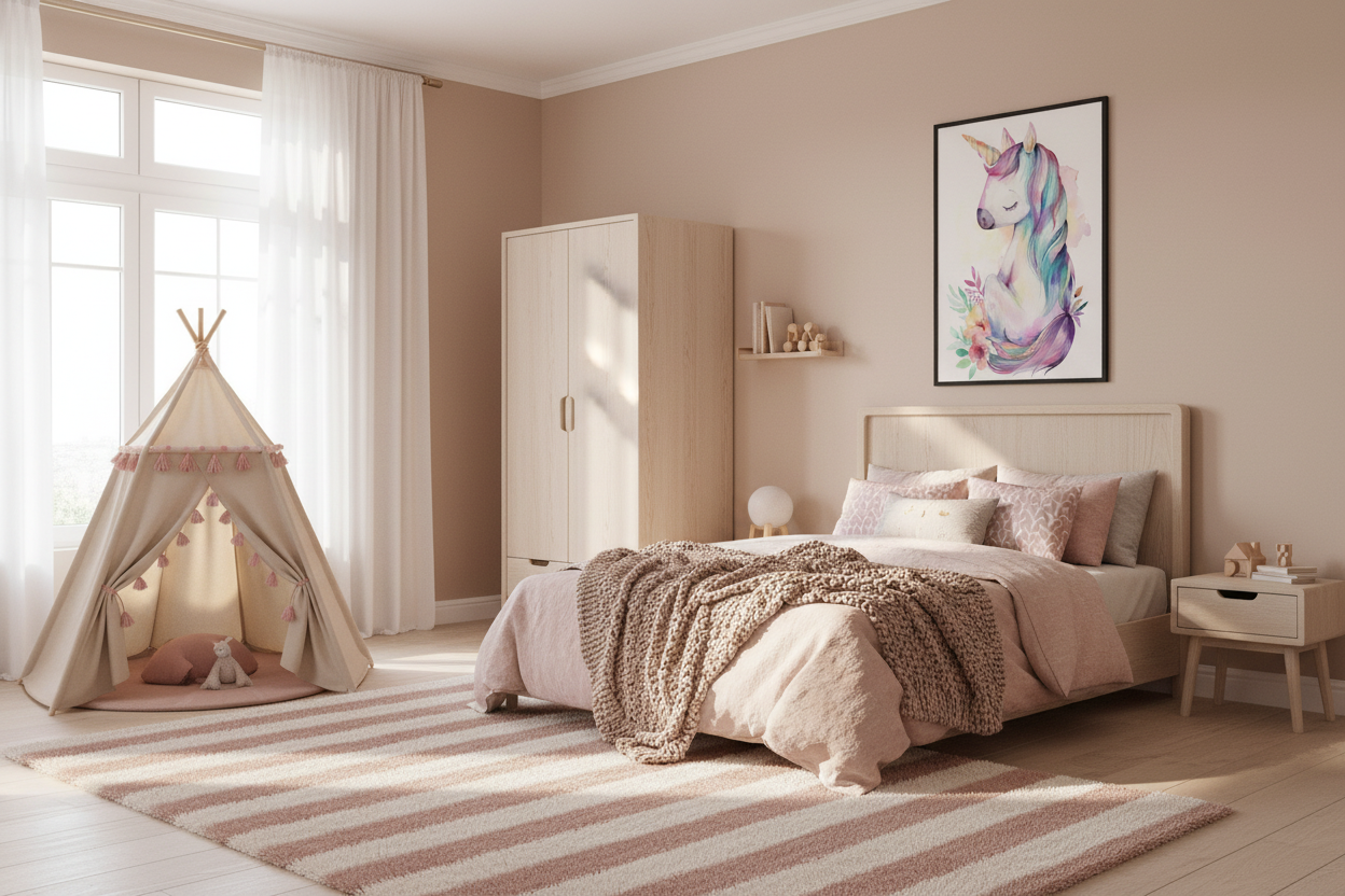 Nordisk pige børneværelse med enhjørning plakat