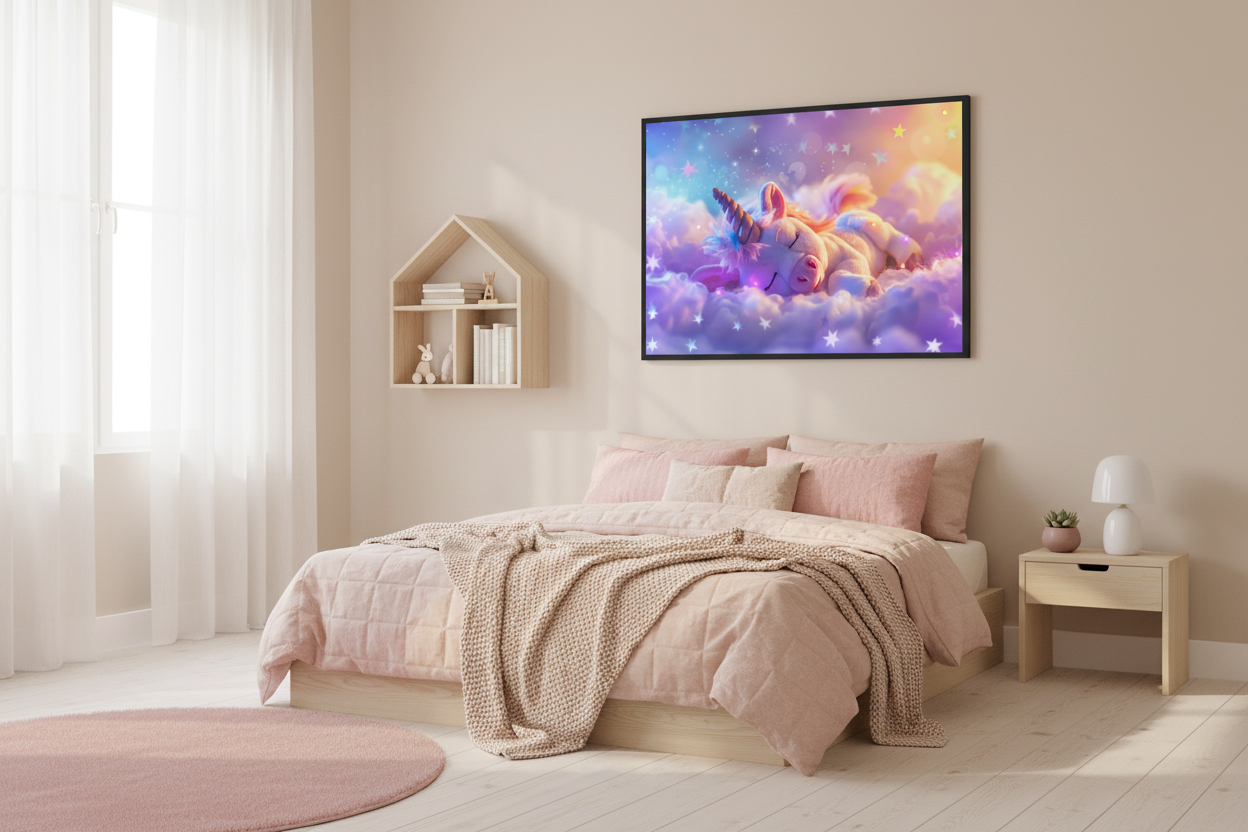 Nordisk pige børneværelse med enhjørning plakat