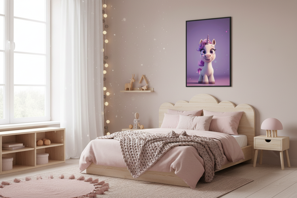 Nordisk pige børneværelse med enhjørning plakat