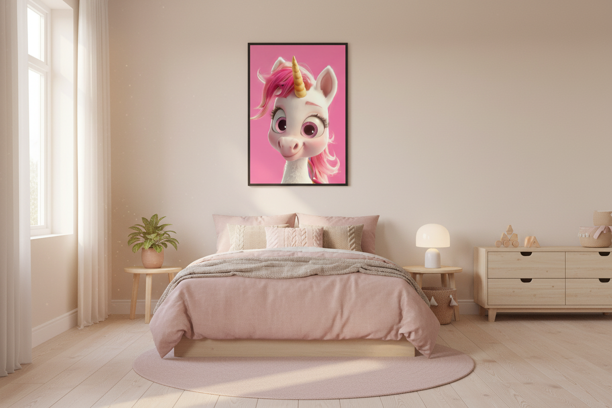 Nordisk pige børneværelse med enhjørning plakat