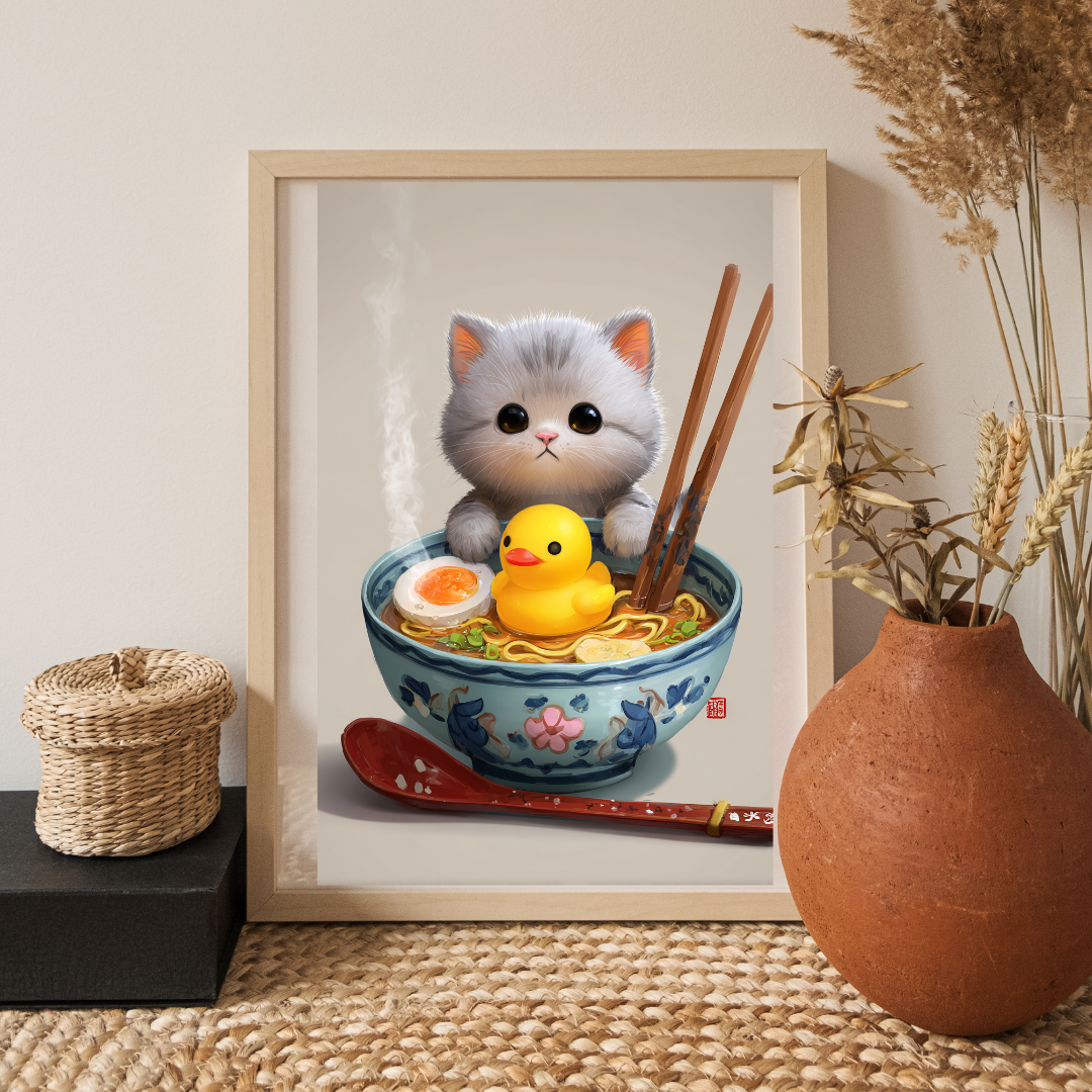 Japansk Plakat 69 - Kat, Ramen og Badeand