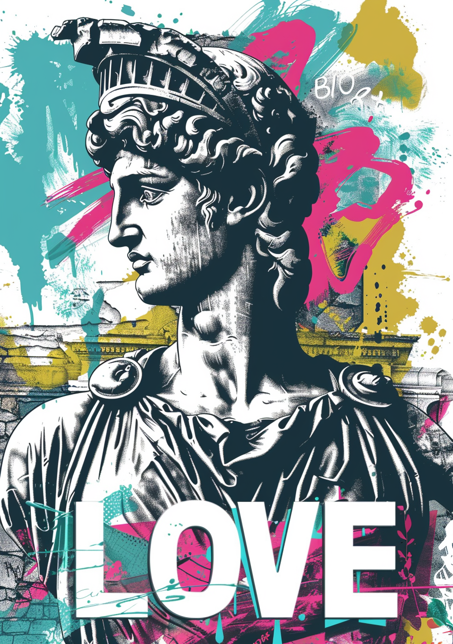 En klassisk inspireret statue ses i profil med bølget hår og et draperet klæde. Ordet LOVE står stort nederst, mens turkise, pink og gyldne farvefelter bryder den mørke og lyse figur.