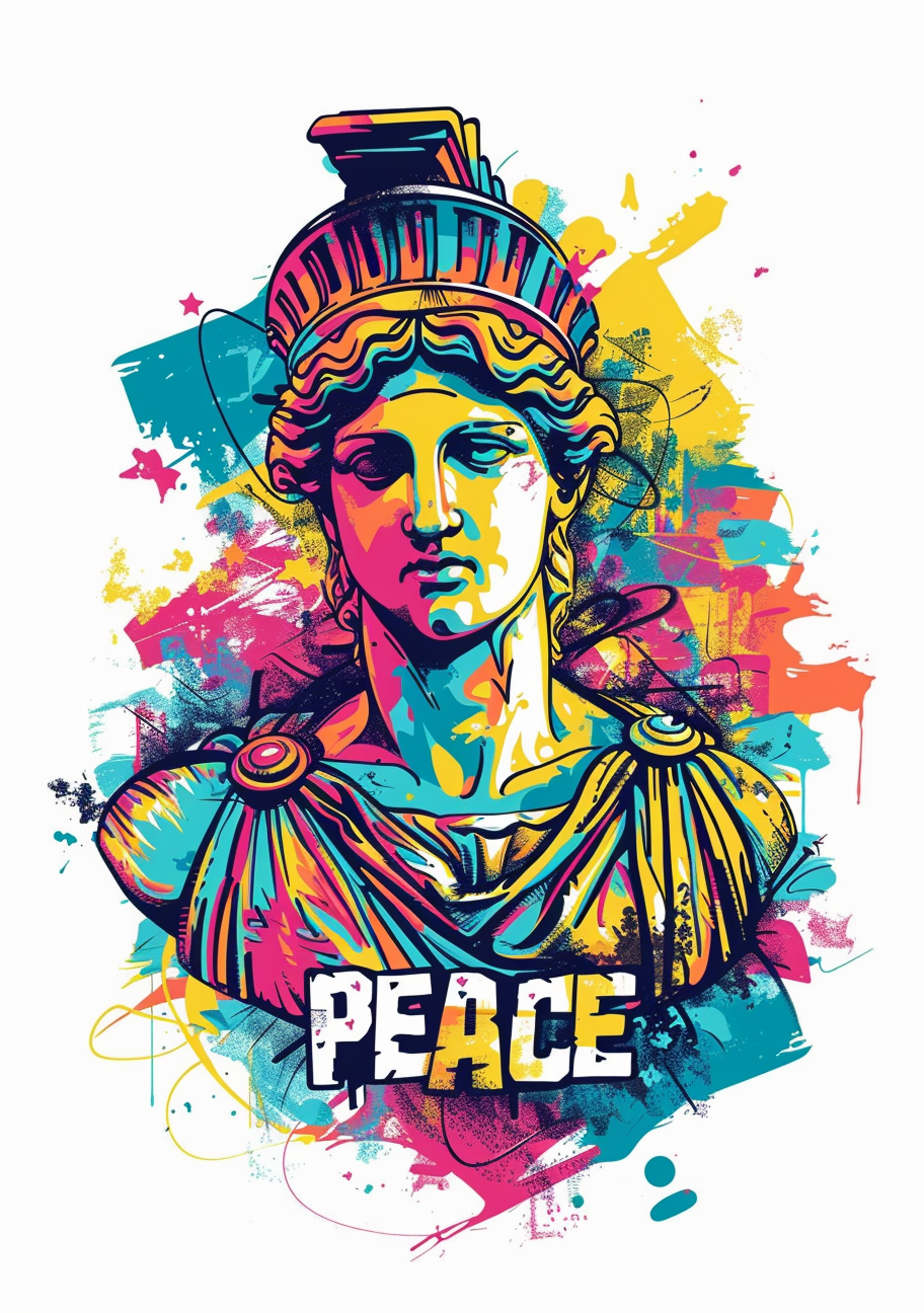 En buste med hjelm og draperet beklædning er gengivet i gul, turkis og pink mod en lys baggrund. Ordet PEACE står foran figuren og samler det farverige motiv.