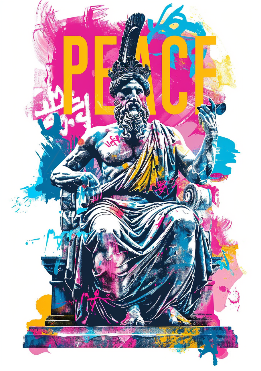 En siddende statue med krone og langt skæg fylder en ornamenteret stol. Bag figuren står PEACE med store bogstaver i gule og pink felter, og turkise detaljer løber gennem beklædningen.