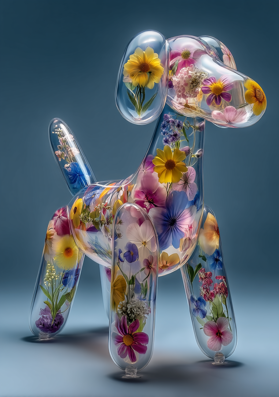 En gennemsigtig ballonhund står på en mørk blå flade med farverige blomster inde i de blanke former. Små lysreflekser følger de runde ører, ben og den løftede hale.