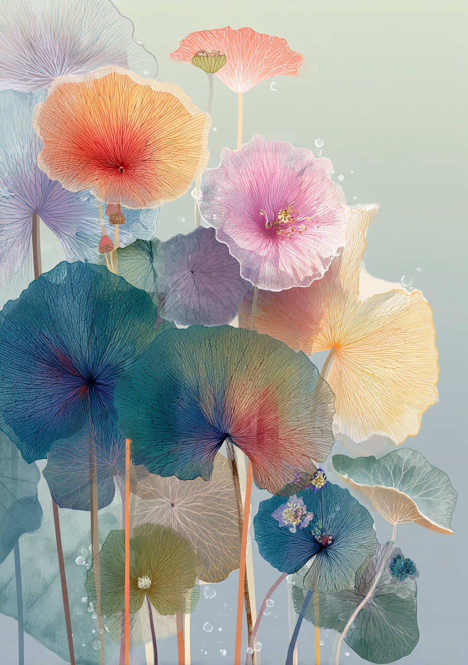 Blomster Plakat 167 – Akvarelblomster med Linjespil og Vanddråber