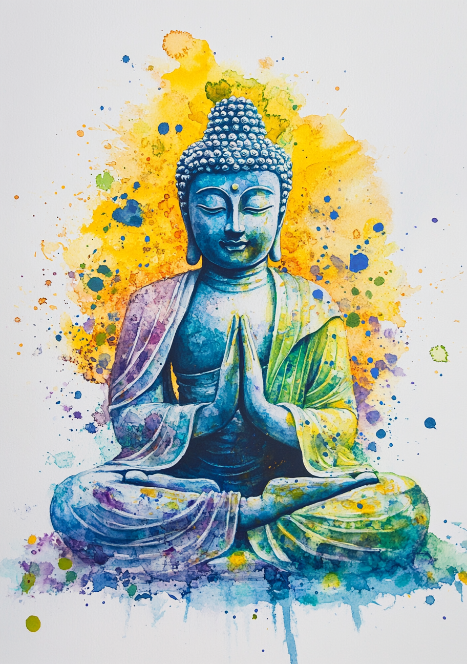 En blå Buddhafigur sidder med samlede hænder og lukkede øjne. Gule og turkise farvestænk breder sig på den lyse baggrund og gentager nuancer fra figurens beklædning.