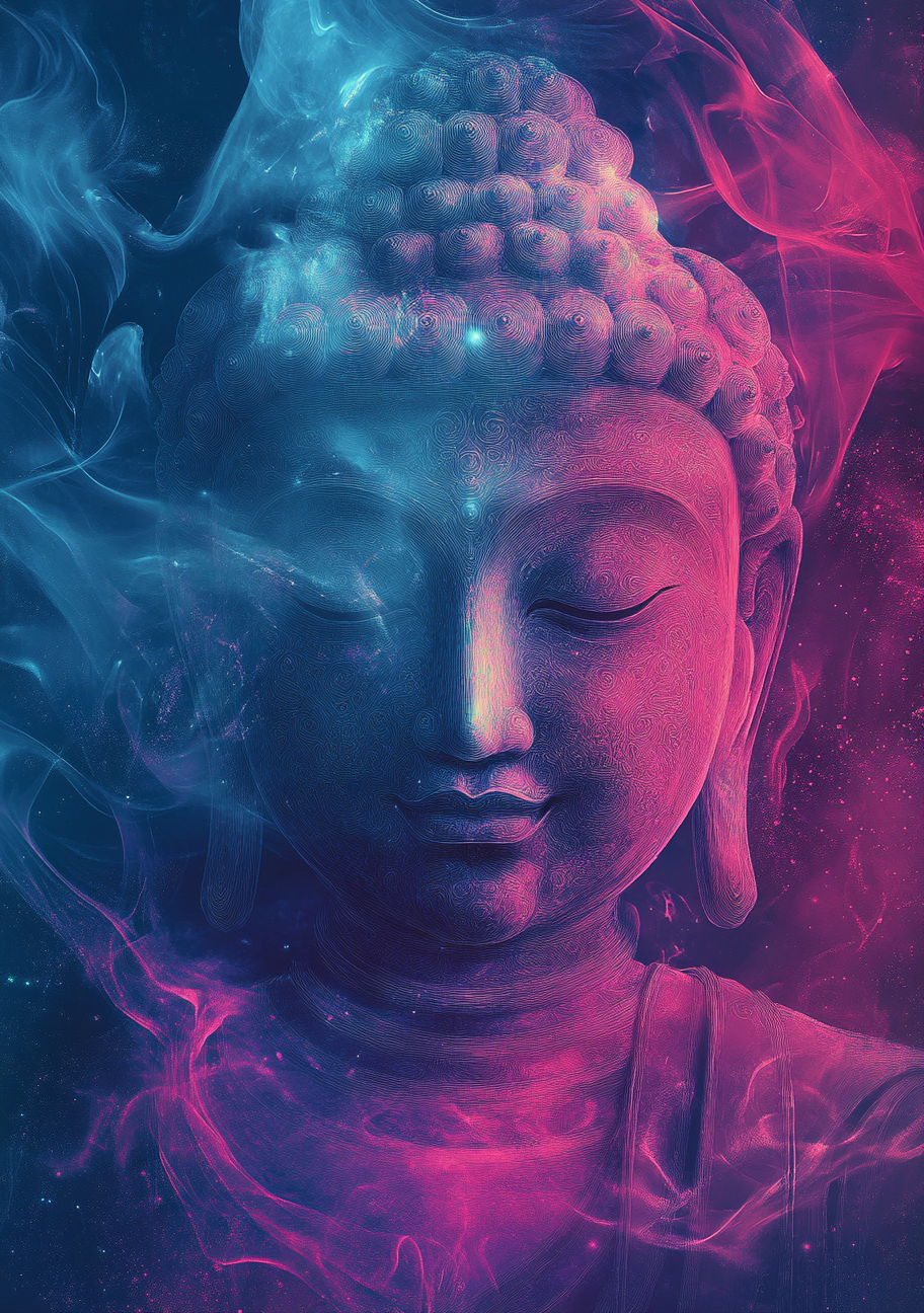 Et Buddhaansigt med lukkede øjne træder frem mellem blå og pink røgformer. Hovedets små krøller og de rolige ansigtslinjer er fremhævet af køligt lys.