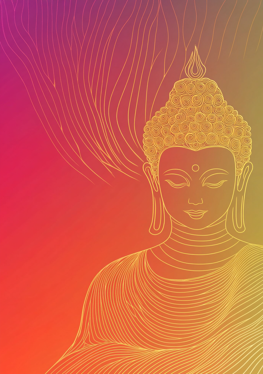 En Buddhafigur er tegnet med fine gyldne konturlinjer på en varm farvegradient. Pink, orange og gyldne områder glider over i hinanden bag ansigt og skuldre.