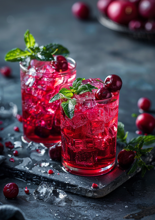 To røde drinks med is, bær og mynte står på en mørk grå flade. Små bær, dråber og isstykker ligger omkring glassene og giver billedet mange fine detaljer.
