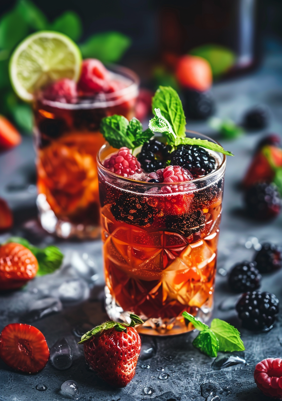 Et glas med en rødlig bærdrink, is og mynte står foran endnu et glas med lime. Mørke bær og frugtstykker ligger rundt om glassene på en grå overflade.