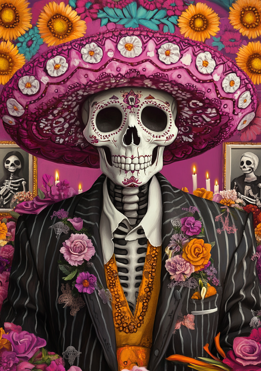 Et skelet i mørkt jakkesæt, blomster og orange vest står under en stor pink sombrero. Solsikker, lys og dekorative mønstre fylder baggrunden.