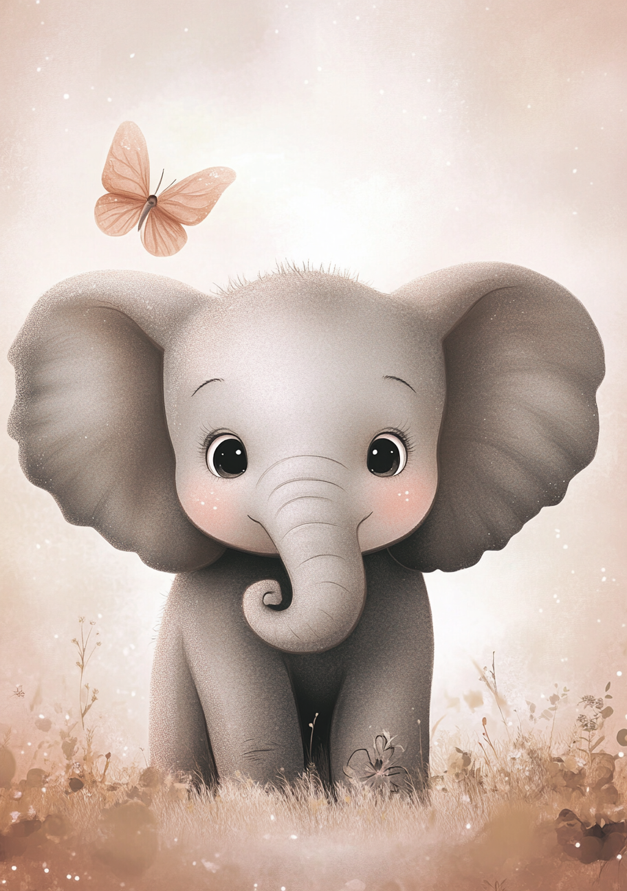 En lille grå elefant med store ører og rosa kinder sidder på en lys eng. En sommerfugl svæver over hovedet, og baggrunden har bløde beige og lyserøde toner.