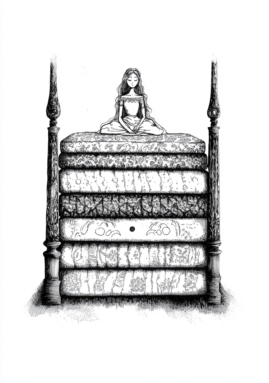 En prinsesse sidder på en høj stak mønstrede madrasser i en seng med markante stolper. De fine sorte linjer og den hvide baggrund giver illustrationen et enkelt, fortællende udtryk.