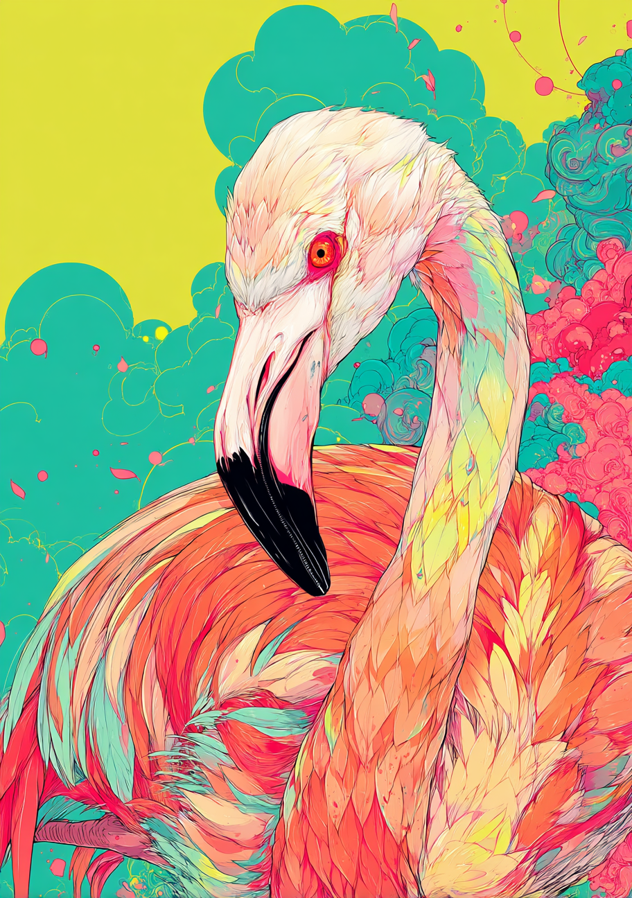 Et flamingohoved med lys pink og cremefarvede fjer står mod en gul baggrund med turkise former. Det sorte næb og det røde øje giver tydelige små kontraster.