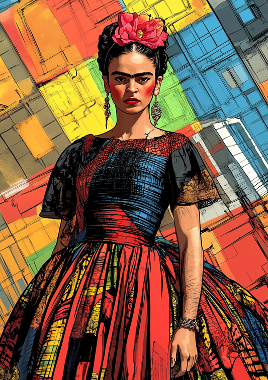 Et Frida Kahlo-inspireret portræt viser en kvinde i mørk overdel og en bred, farverig nederdel. Geometriske felter i blå, gule og orange nuancer fylder baggrunden.