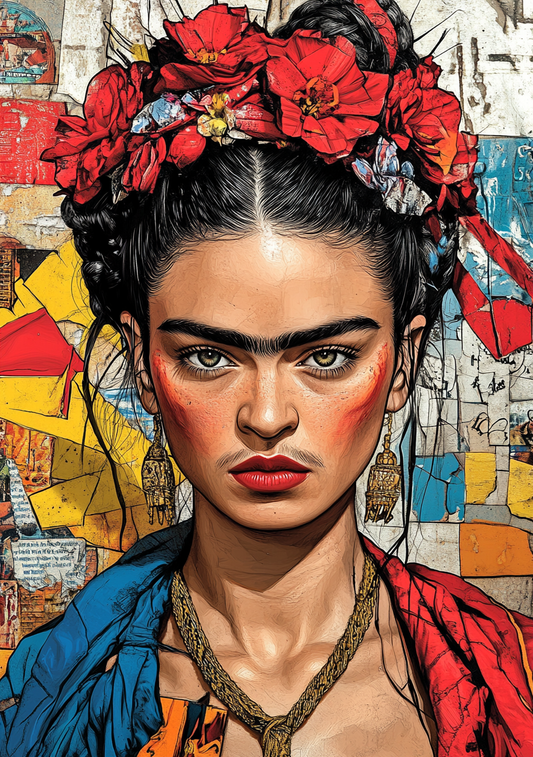 Et Frida Kahlo-inspireret ansigt med mørke bryn og røde læber ses under en tæt krans af røde blomster. Farverige collagefelter og en blå og rød beklædning omgiver portrættet.