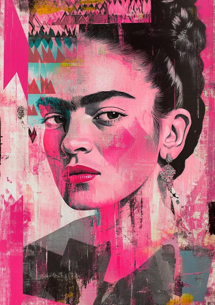 Et Frida Kahlo-inspireret portræt ses mellem pink collagefelter, mørke hårformer og små mønstre. Ansigtet er drejet let til siden med røde læber og et markant blik.