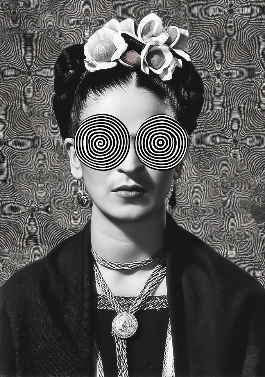 Et Frida Kahlo-inspireret sort-hvidt portræt viser en kvinde med blomster i håret, smykker og runde briller fyldt med spiraler. Små cirkelmønstre gentages på den grå baggrund.