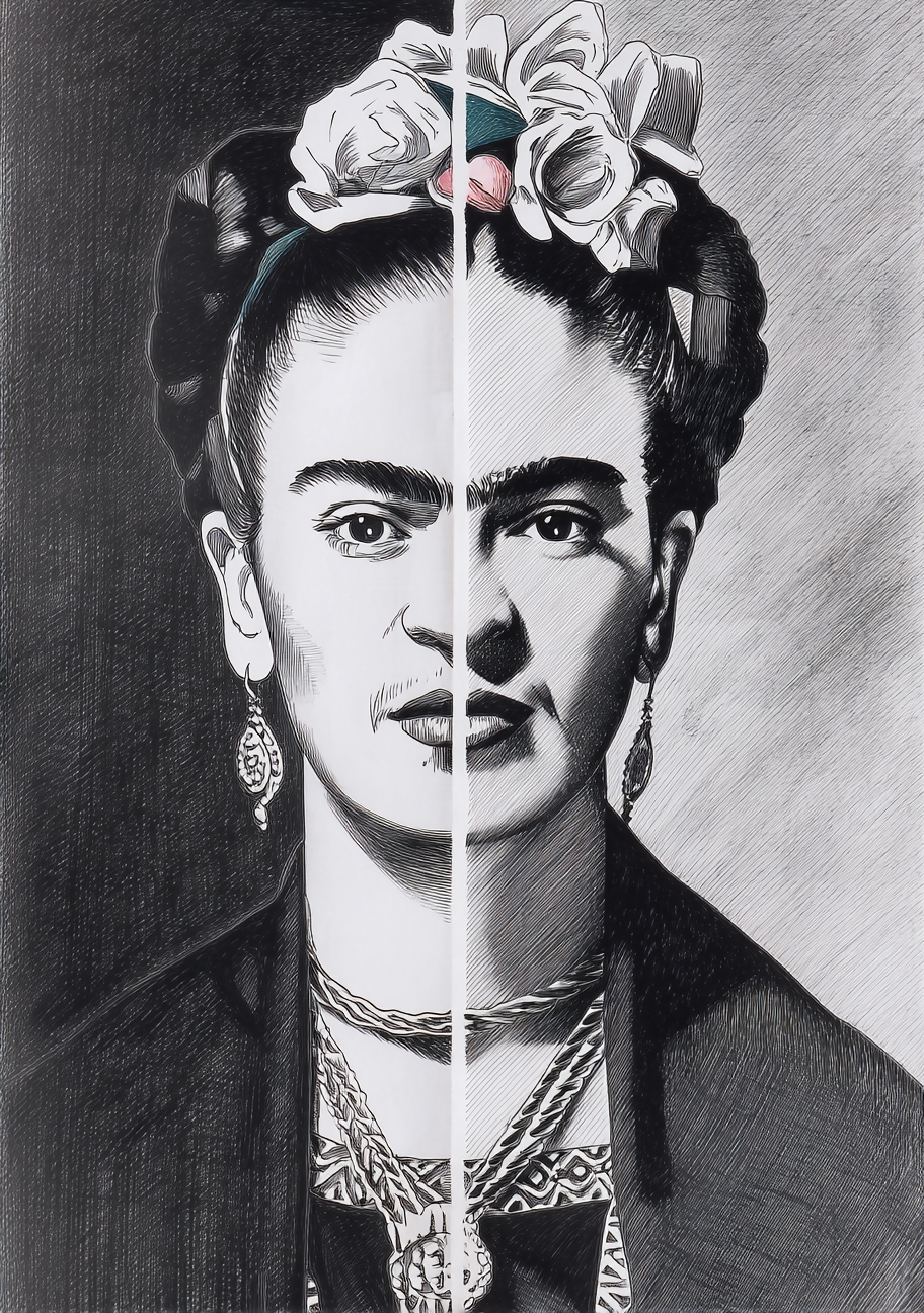 Et Frida Kahlo-inspireret ansigt er delt lodret mellem et tegnet og et fotografisk præget udtryk. Blomster i håret, mørke bryn og smykker går igen på begge sider.