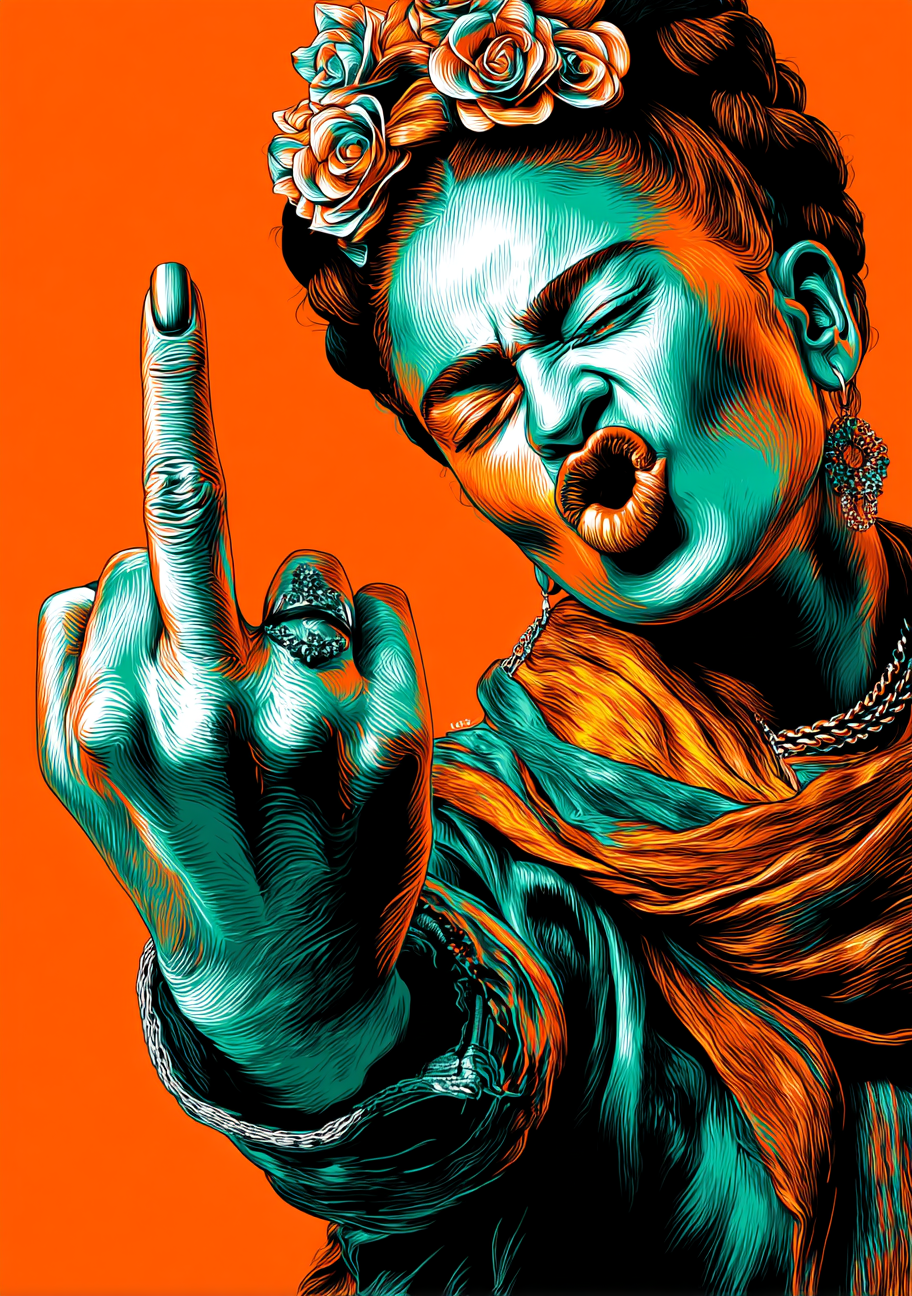 Et Frida Kahlo-inspireret portræt med turkis ansigt og hånd viser en løftet langfinger mod en orange baggrund. Mørkt hår, blomster og varme tekstilfarver omkranser figuren.