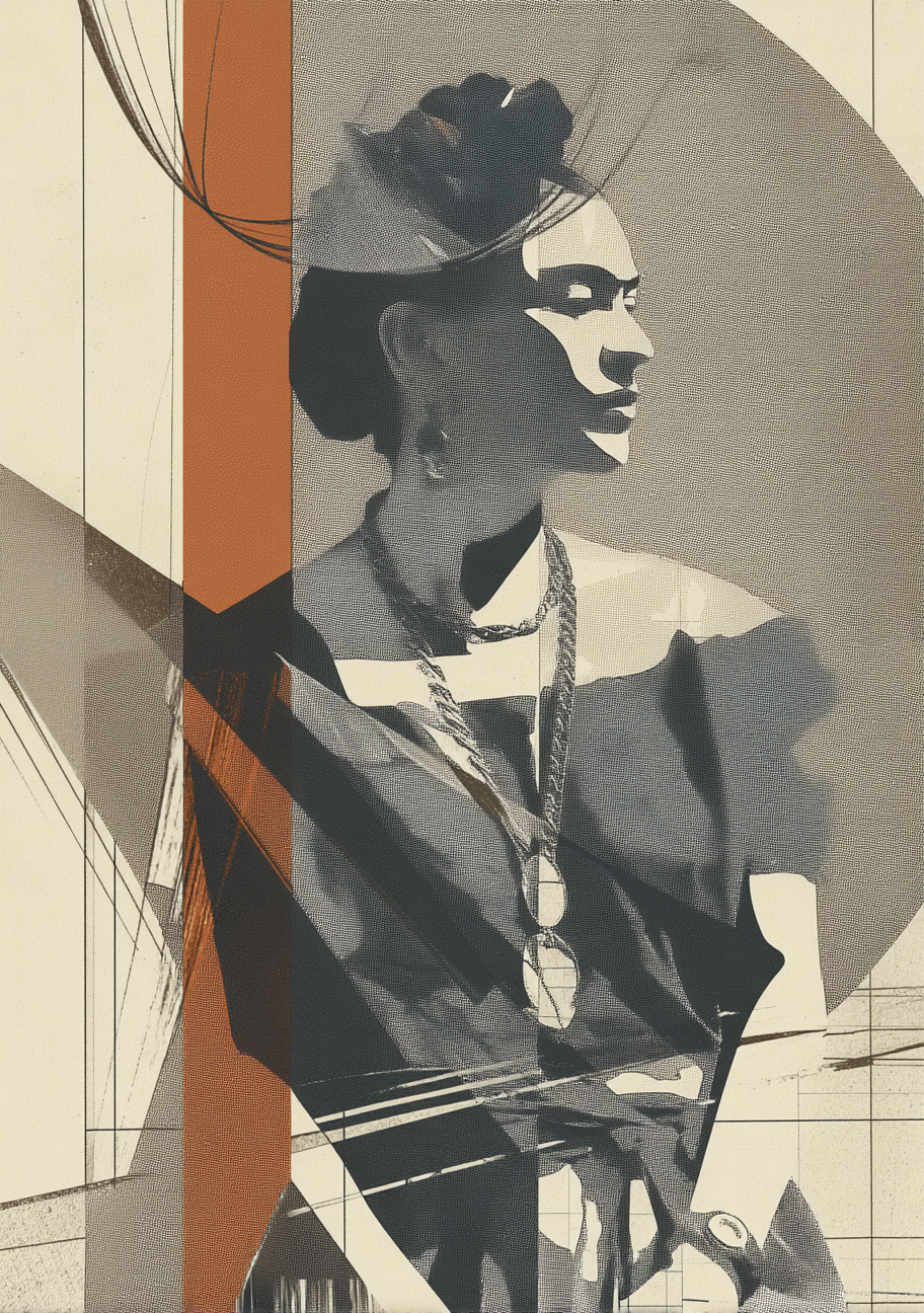 Et Frida Kahlo-inspireret portræt ses i mørke og lyse gråtoner mellem beige og rustfarvede felter. Cirkler, buer og lige linjer danner en grafisk ramme omkring figuren.
