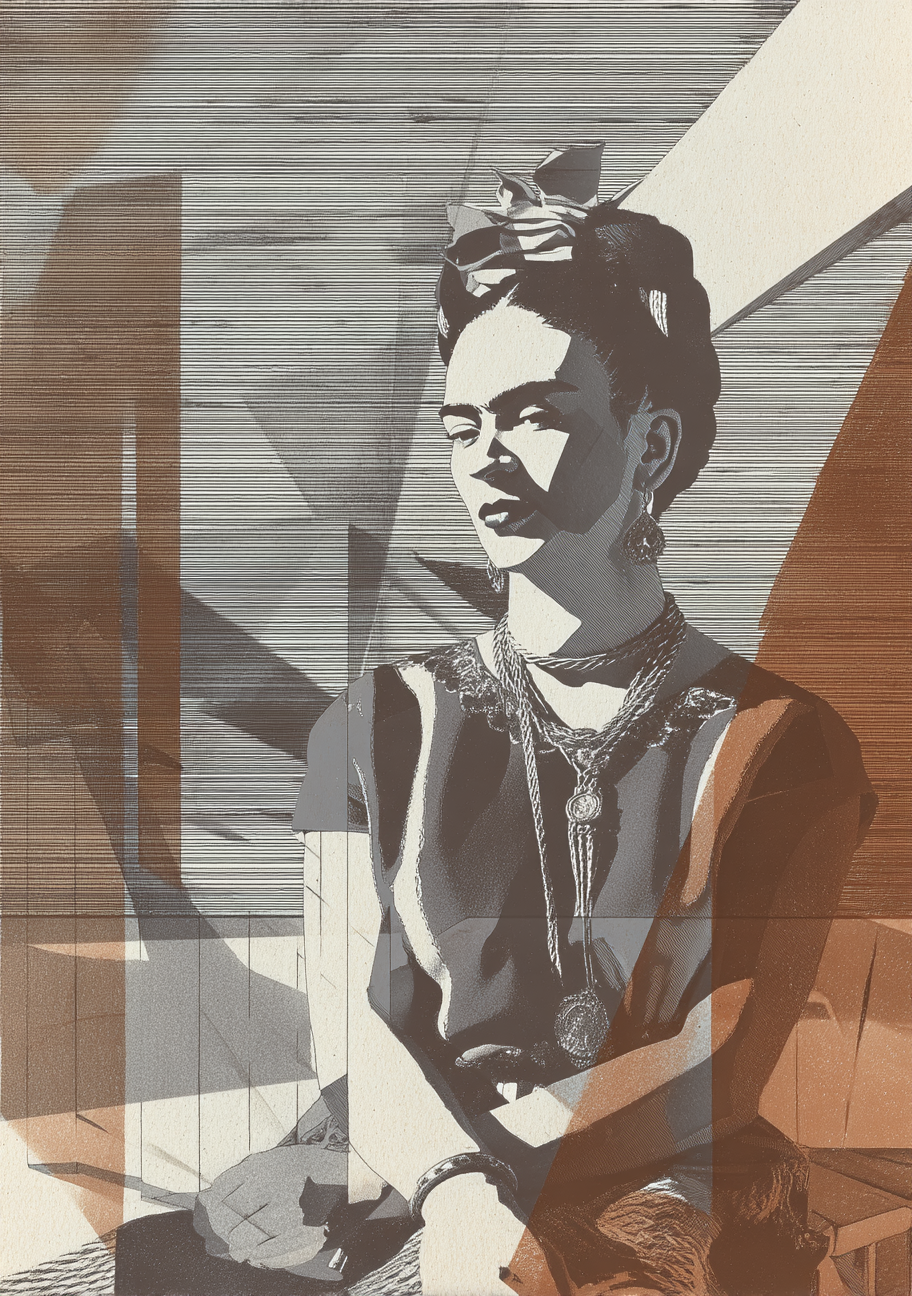 Et Frida Kahlo-inspireret portræt viser en siddende kvinde mellem brune, grå og cremefarvede geometriske flader. Figuren har mørkt hår, halskæder og en rolig positur.