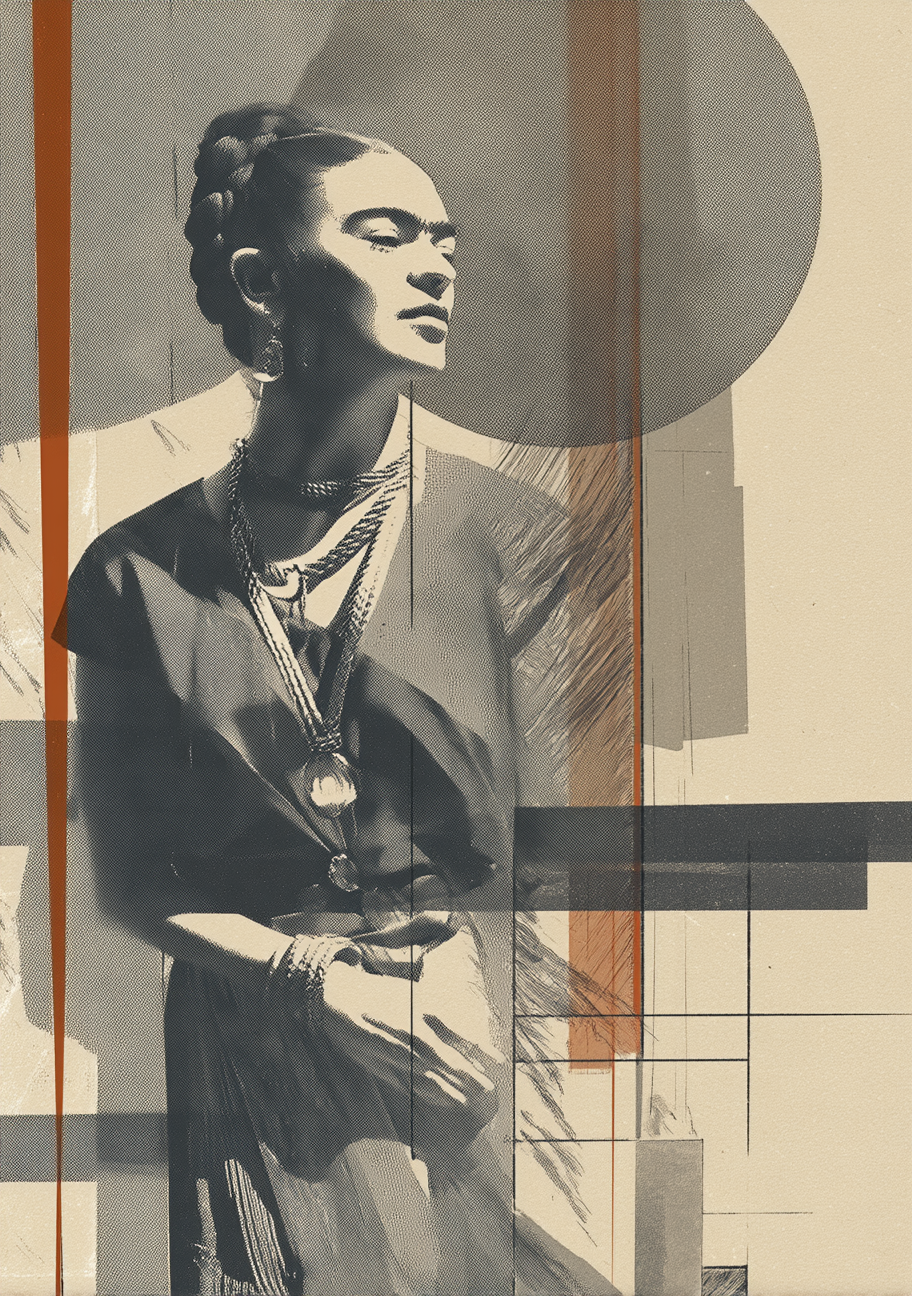 Et Frida Kahlo-inspireret portræt med halskæder og opsat hår er omgivet af beige felter, grå cirkler og smalle rustfarvede linjer. Figuren står let drejet i den geometriske komposition.