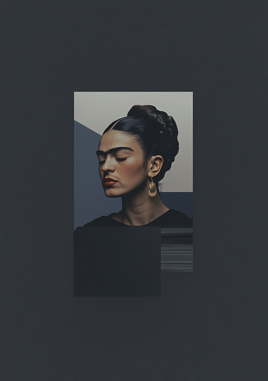 Et Frida Kahlo-inspireret profilportræt ses i et lille lyst rektangel på en mørk grå baggrund. Flere mørke rammer og felter ligger rundt om ansigt og skuldre.