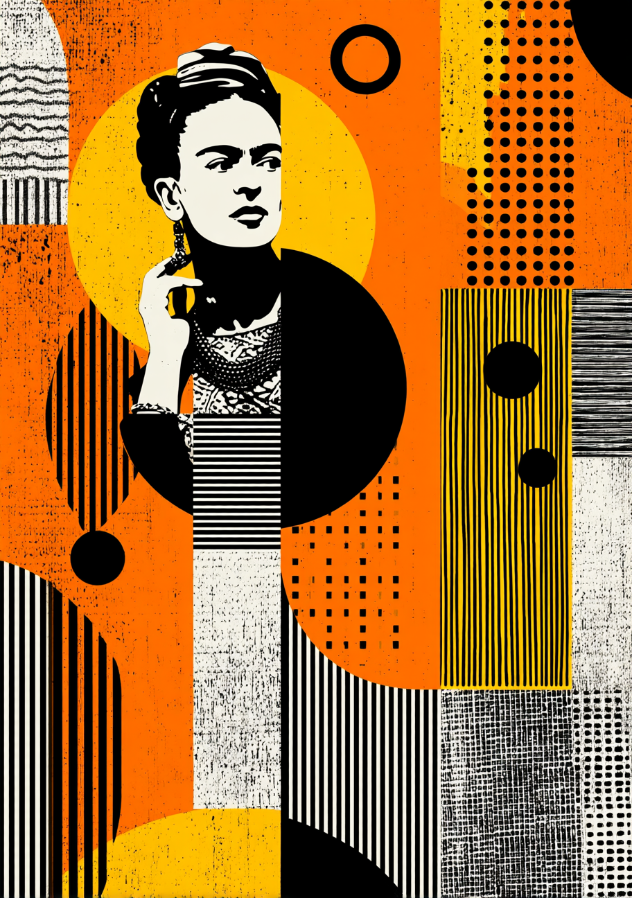 Et Frida Kahlo-inspireret sort-hvidt portræt står mellem orange og gule felter, sorte prikker og smalle striber. En cirkel indrammer en del af figuren og bryder de lodrette lag.