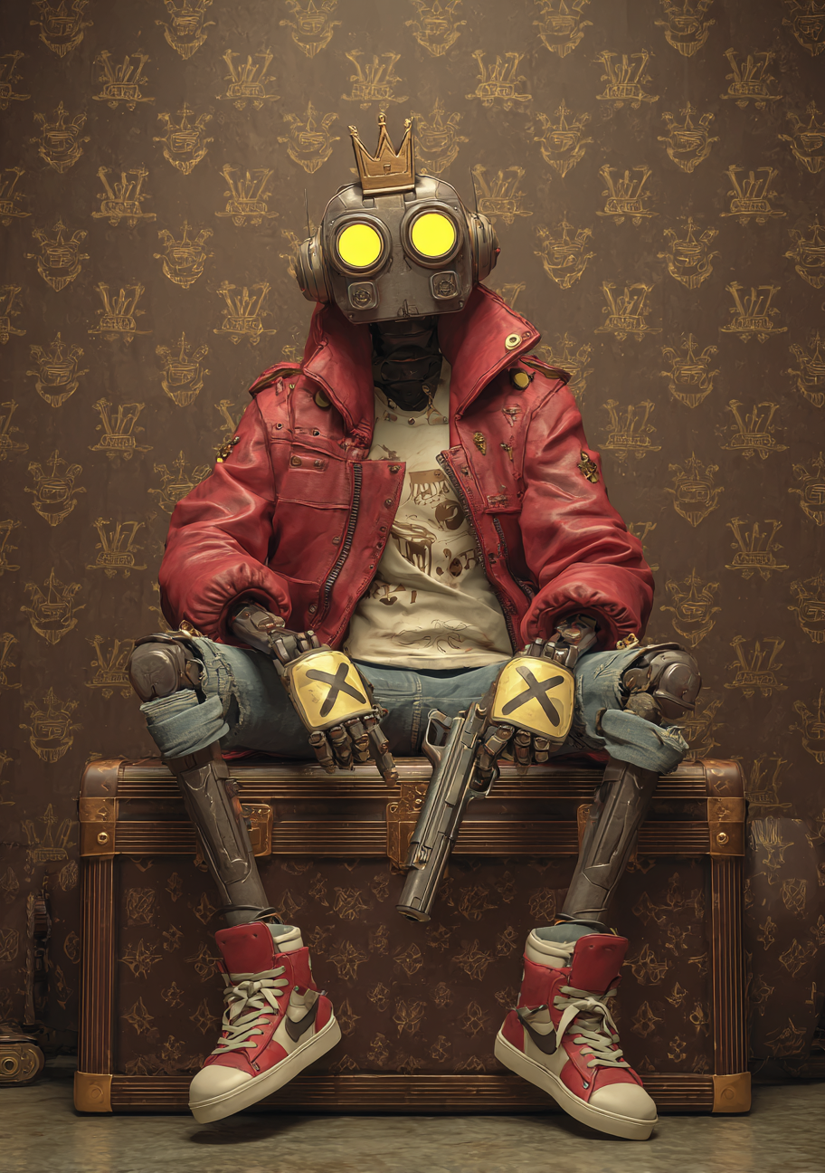 Gamer Plakat 439 - Robotfigur med Krone og Rød Jakke