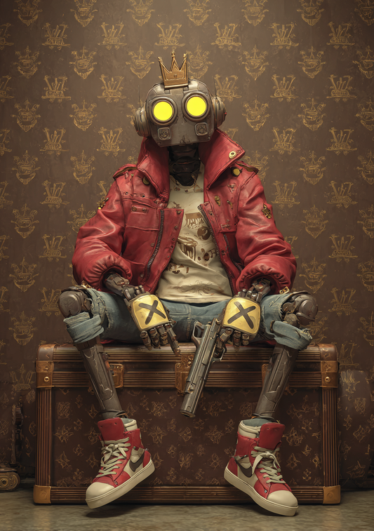 Gamer Plakat 439 - Robotfigur med Krone og Rød Jakke