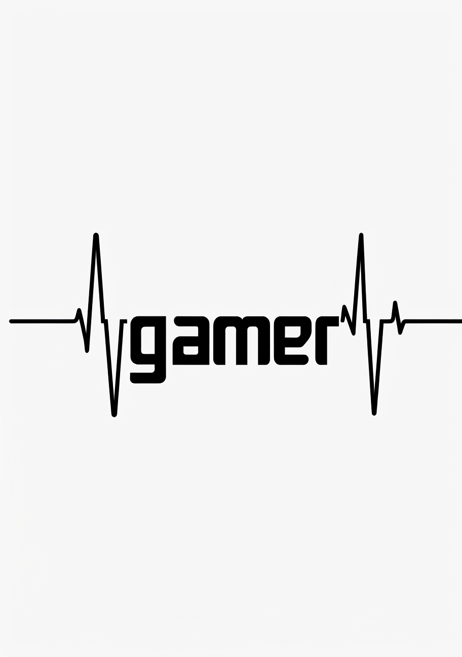 En sort gamer-tekst står midt på en lys baggrund med lange pulslinjer på begge sider. De skarpe udsving og de kraftige bogstaver danner et rent grafisk bånd.