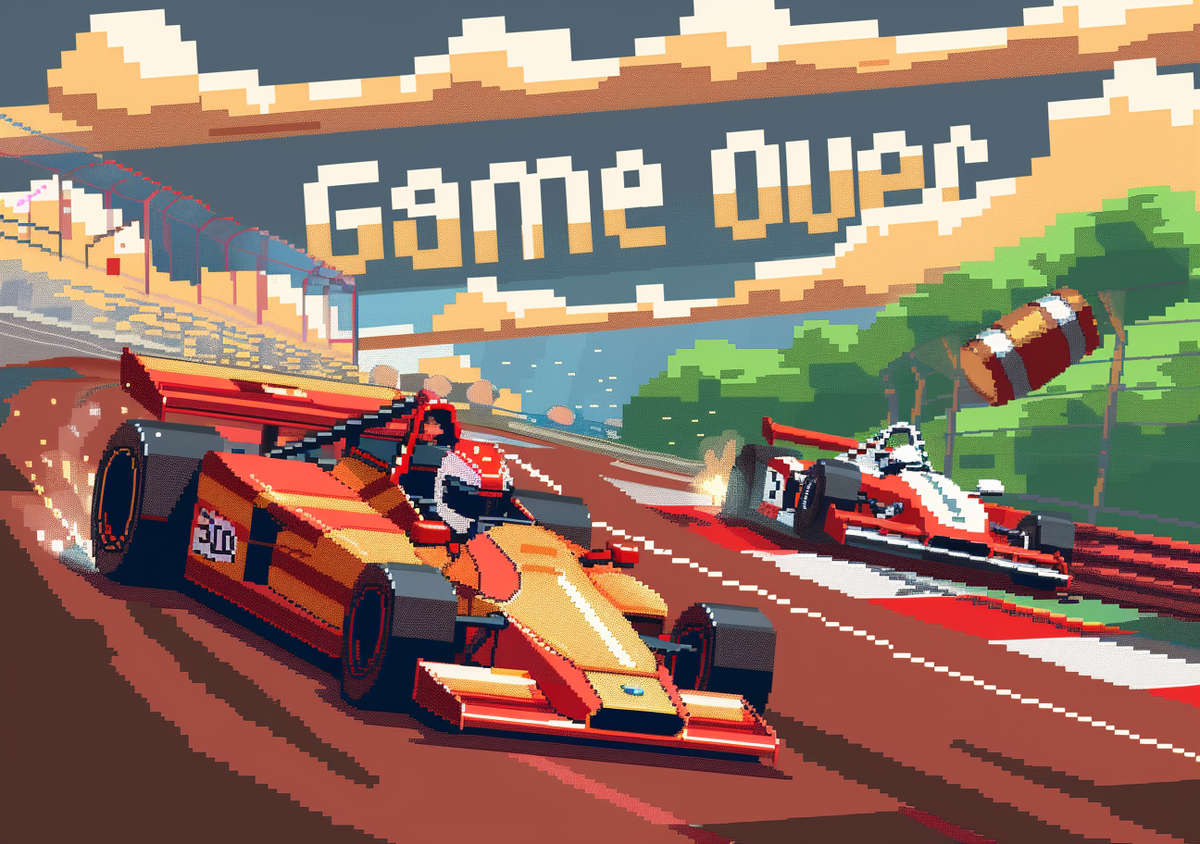 To racerbiler kører på en bane under store Game Over-bogstaver i pixelstil. Tribuner, grønne bakker og kantede skyer ligger som farverige lag bag de røde biler.