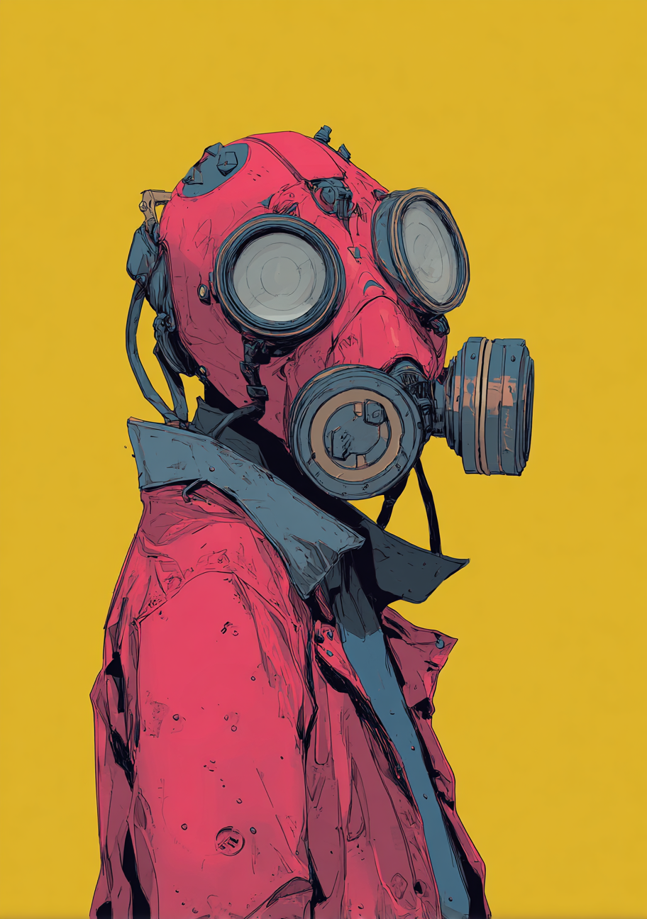 En figur i pink jakke ses i profil med en stor gasmaske og runde grå glas. Den gule baggrund giver et enkelt modspil til den mørkt optegnede figur.