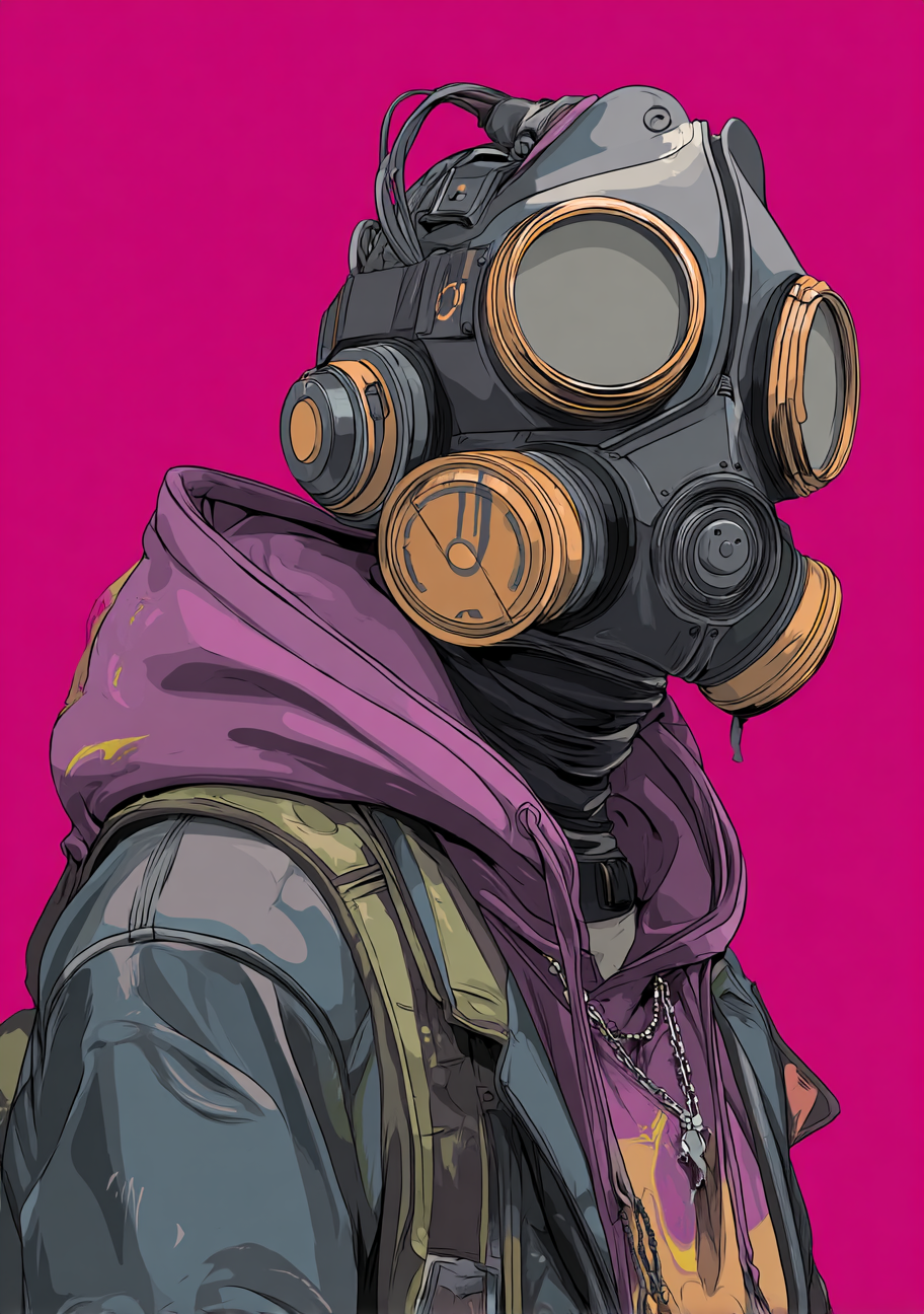 En mørk figur med gasmaske og lilla tørklæde ses mod en kraftig pink baggrund. Maskens runde glas og brunlige filtre står tydeligt mellem de mørke konturer.