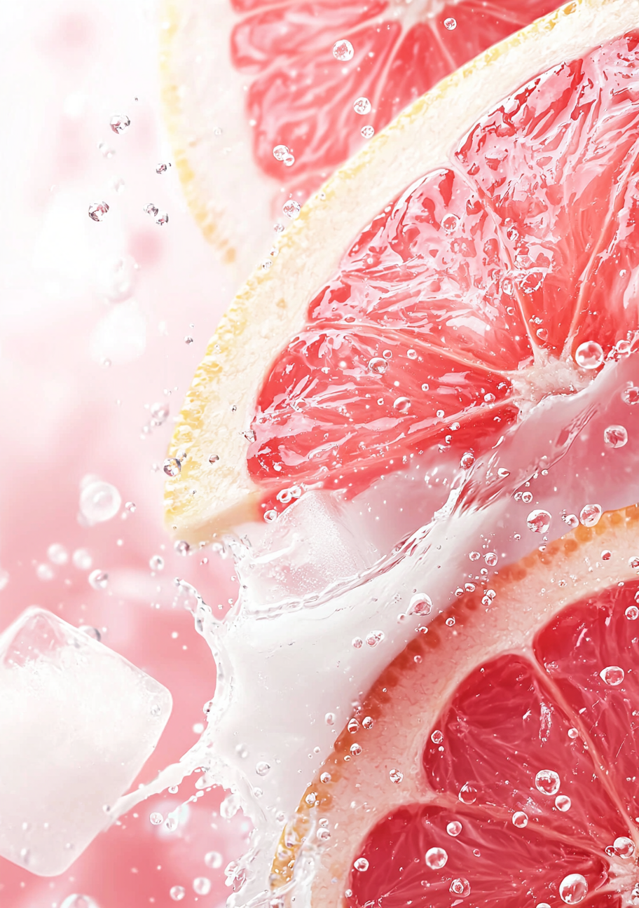 Tætskårne grapefrugtskiver med pink frugtkød fylder billedet mellem hvide væskesprøjt og små dråber. Den lyse baggrund følger frugtens rosa farveskala.