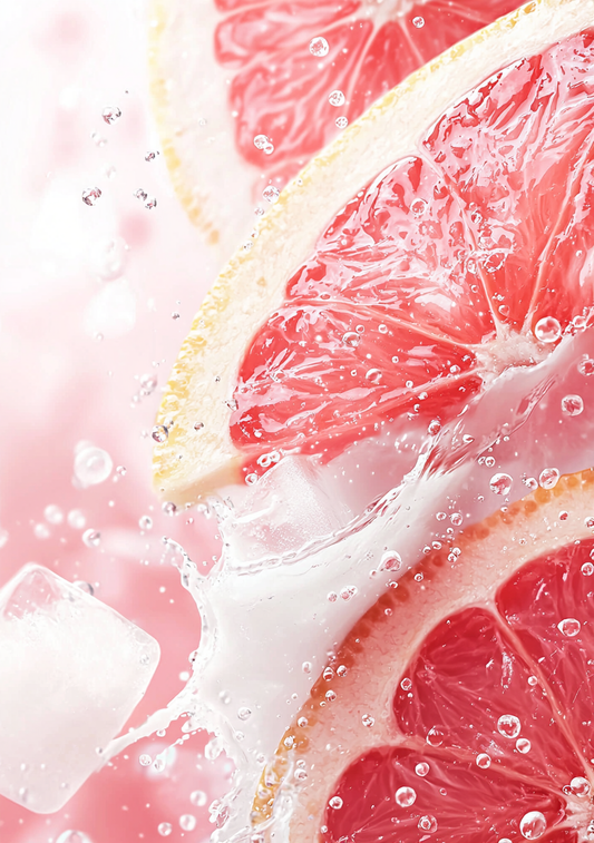 Tætskårne grapefrugtskiver med pink frugtkød fylder billedet mellem hvide væskesprøjt og små dråber. Den lyse baggrund følger frugtens rosa farveskala.