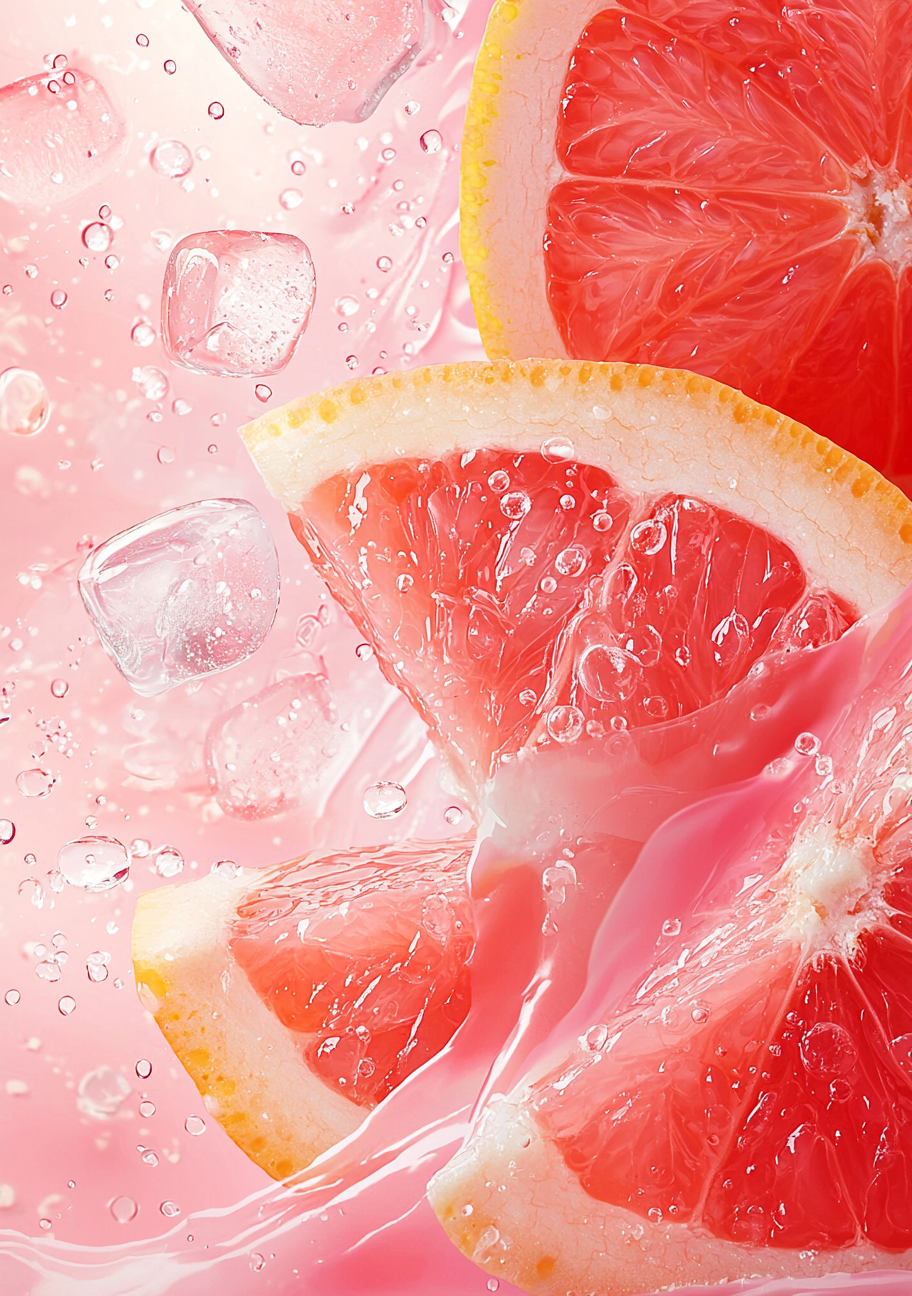 Pink grapefrugtskiver med gul skræl ses mellem klare isterninger og vandperler. De buede skiver overlapper hinanden på en lys rosa baggrund.