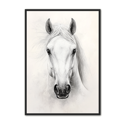 Hest Plakat 23 - Hvid Hest i Tidløst Sort Hvid Design