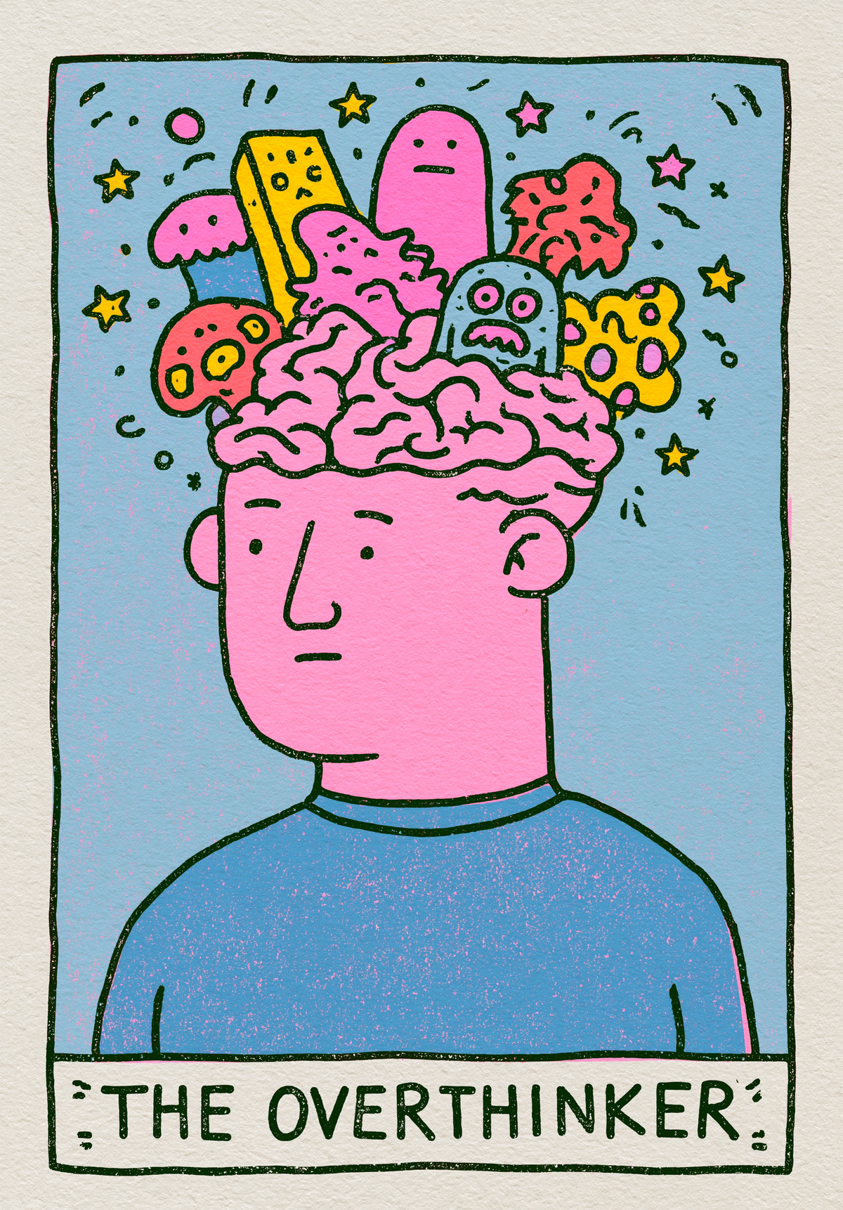 En tegnet pink figur står under en åben hjerne fyldt med farverige symboler, små figurer og løse tanker. En blå baggrund og teksten THE OVERTHINKER rammer motivet ind.