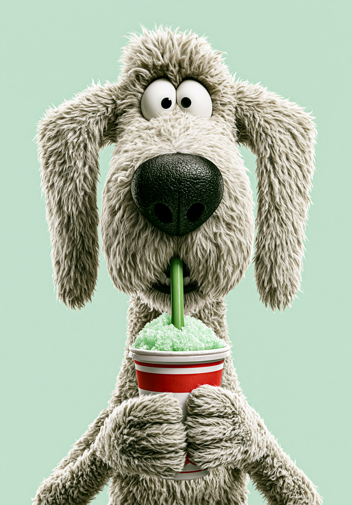 En pjusket hund med lange ører, store øjne og sort næse drikker en grøn milkshake gennem et sugerør. Den lyse mintgrønne baggrund giver plads omkring den lodrette figur.