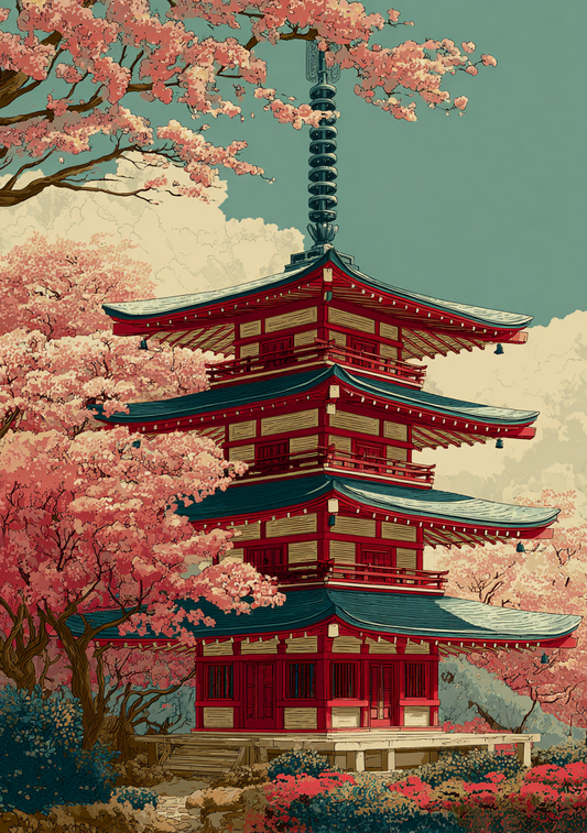 Japansk Plakat 1 – Pagode i Kirsebærblomst