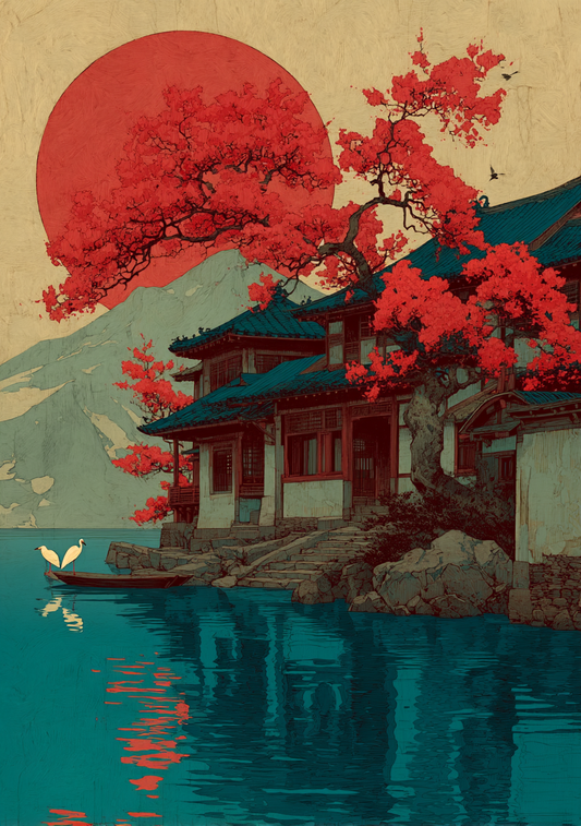Japansk Plakat 102 - Tempel ved Kirsebærtræet