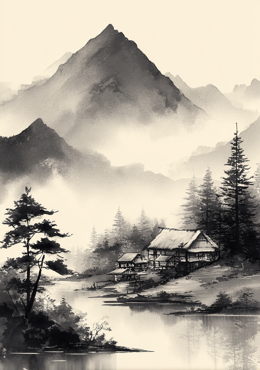 Japansk Plakat 112 – Bjerglandskab med Hytte